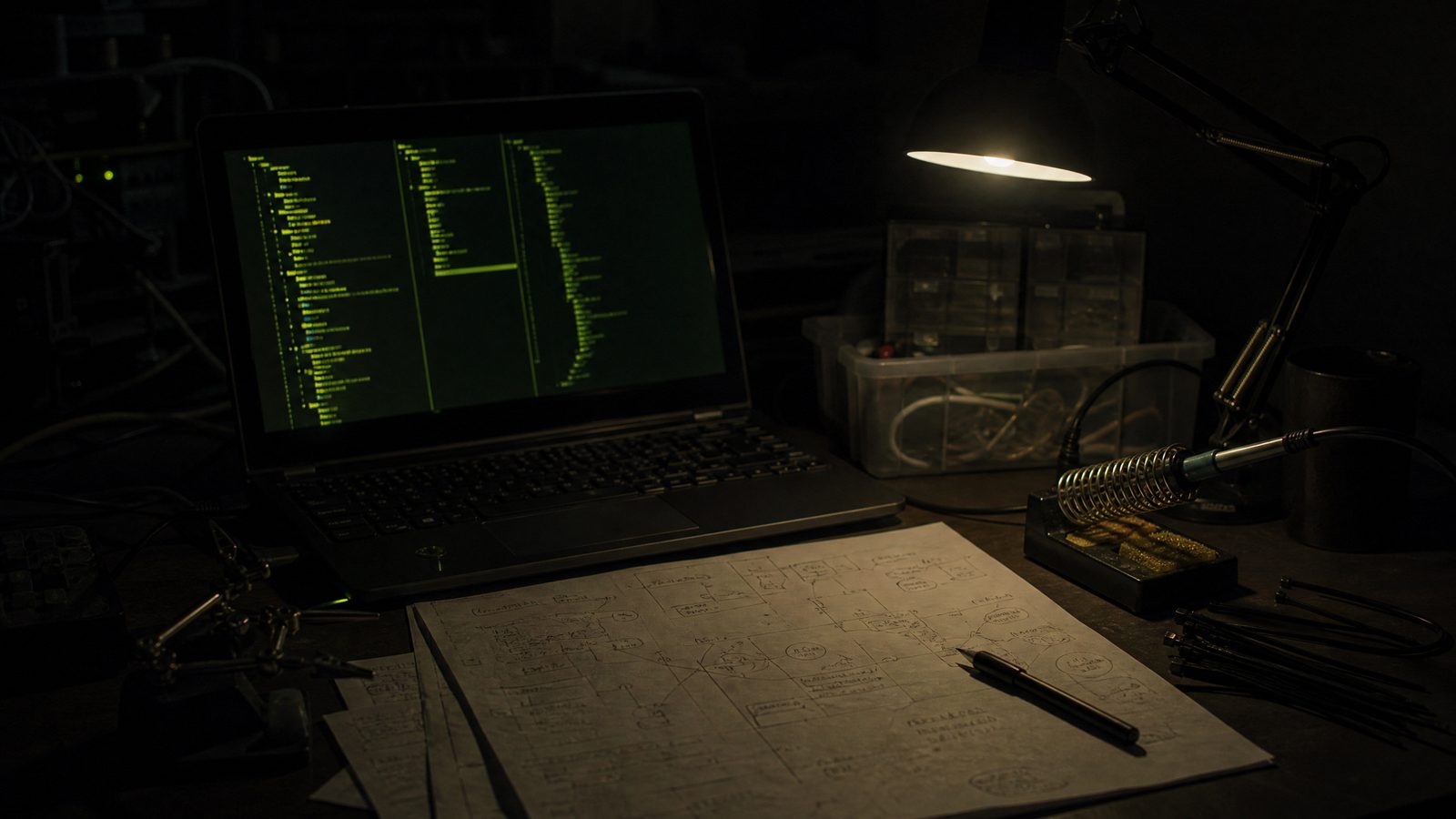 A workbench at night with an open laptop showing a green file tree, annotated printed sheets, a soldering iron and an anglepoise lamp