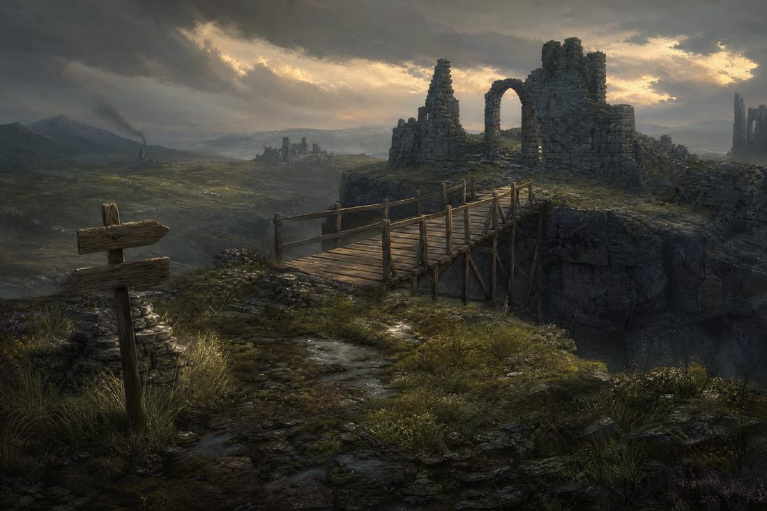 A windswept moorland ruin at evening with a newly built wooden bridge crossing a ravine and a small hand-made signpost in the foreground
