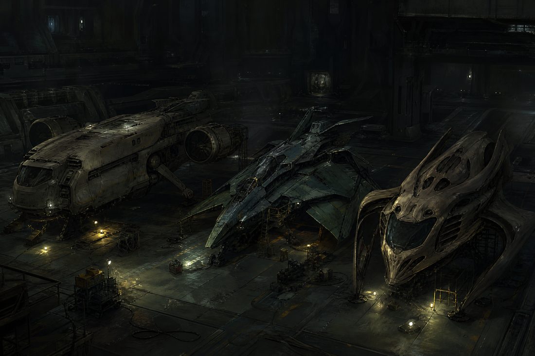 A dark hangar bay with three spacecraft of visibly different designs parked side by side