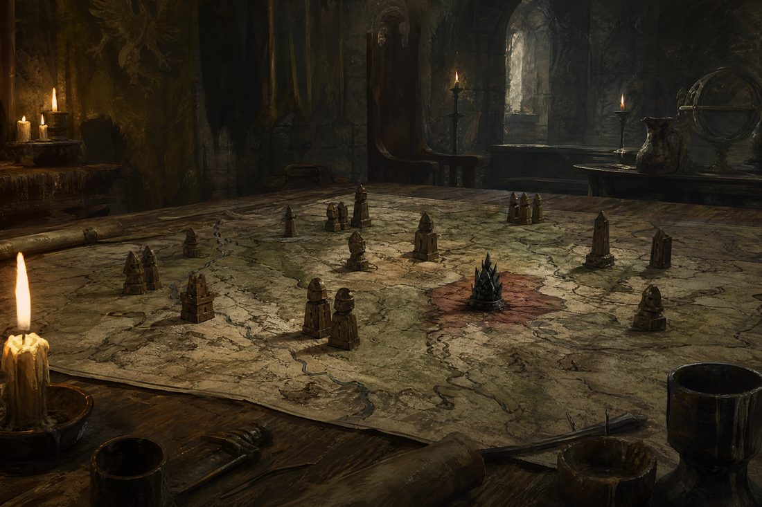 A candlelit war table in a stone hall with carved wooden markers arranged on a hand-drawn map, one region marked with markers of a different style