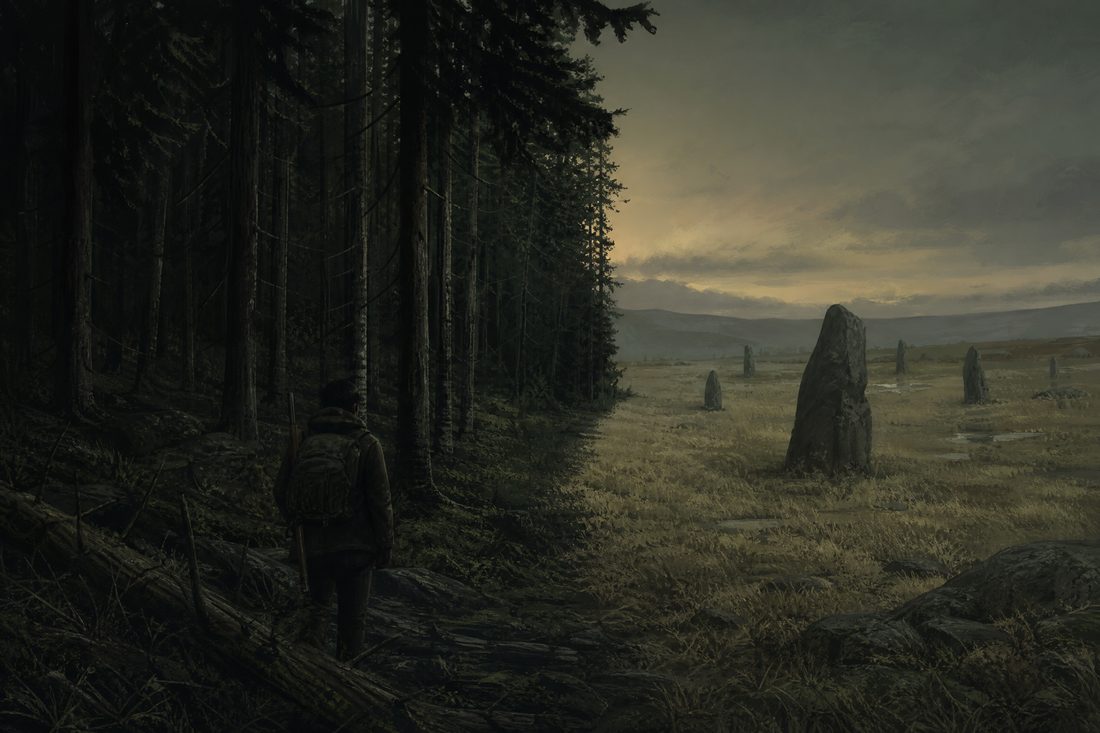 The edge of a dense pine forest at dusk meeting pale open grassland with standing stones, the boundary between them visible as a clean line