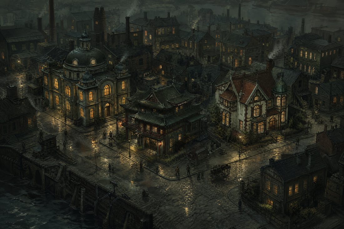 An evening view of a small industrial town with three buildings in different architectural styles