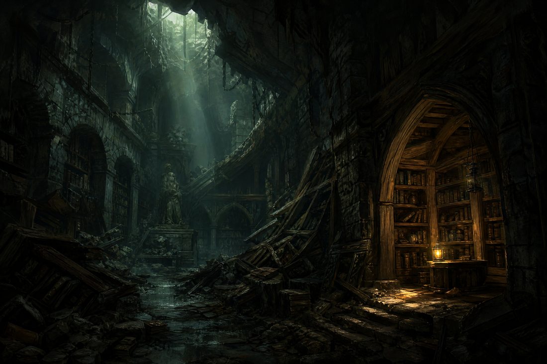 A subterranean library with collapsed shelves and one alcove carefully restored with fresh timber and a hanging lantern